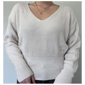 Free People Women’s Sz L Ivory Ribbed Sweater V-Neck Cozy Soft Relaxed Fit